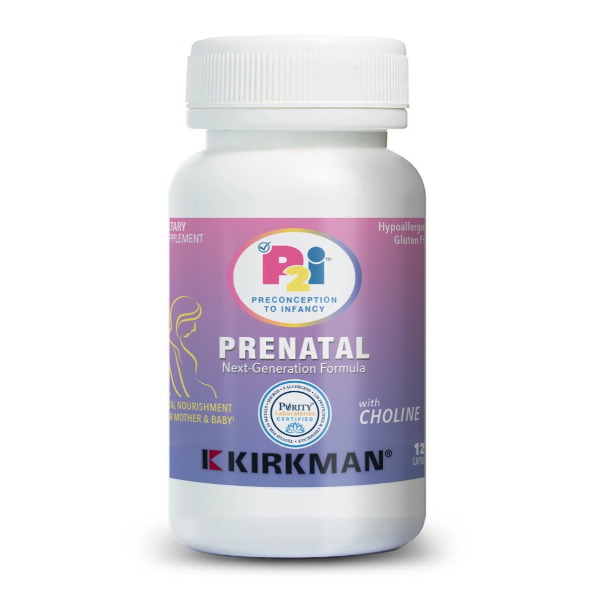 Kirkman P2i Prenatal Vitamins for Women, Multivitamin with Choline, 120 Capsules, Vital Daily Nutritional Support for Healthy Mother &amp; Baby, OBGYN Formulated &amp; Endorsed, Hypoallergenic &amp; Gluten-Free