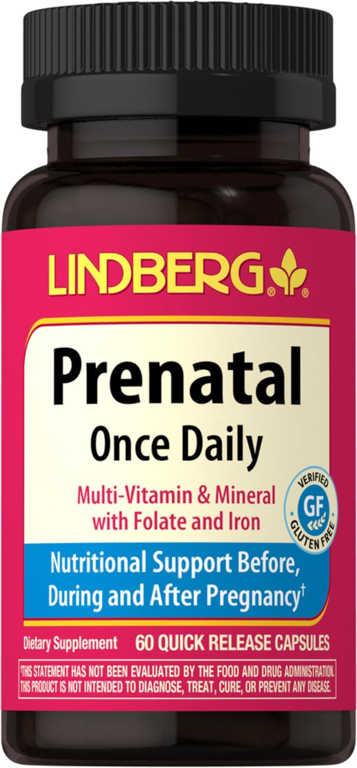 Lindberg Prenatal Vitamins for Women | 60 Capsules | Multivitamin &amp; Mineral with Folate and Iron | Once Daily Supplement | Non-GMO, Gluten Free