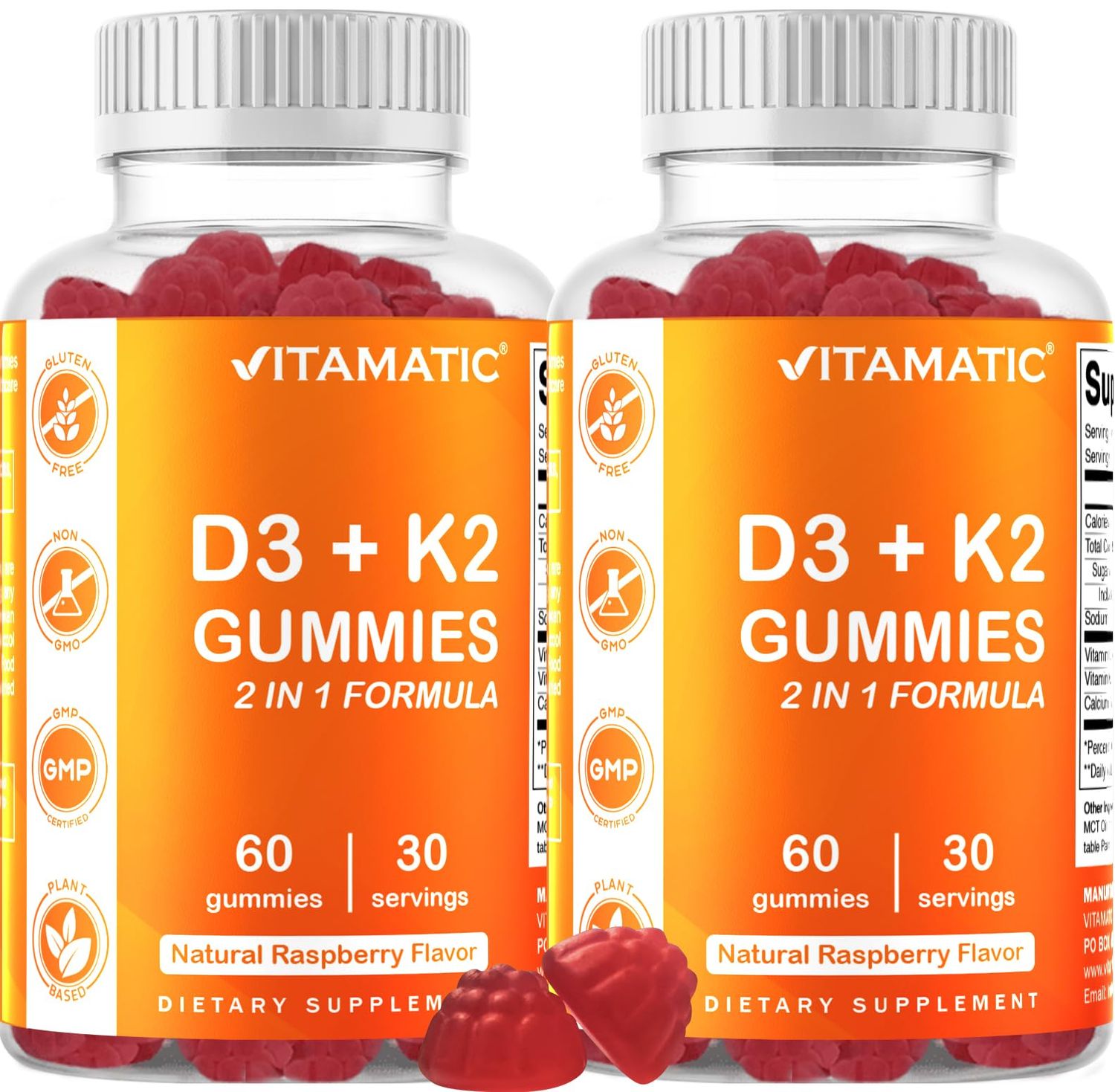 Vitamatic 2 Pack Vitamin D3 K2 Gummies - 60 Count - Supports Healthy Bone, Heart &amp; Calcium Absorption, &amp; Immune Health - Plant Based, Non-GMO, Gluten Free