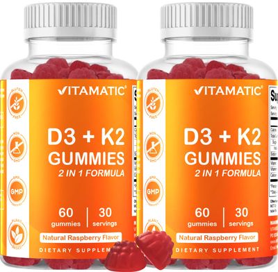 Vitamatic 2 Pack Vitamin D3 K2 Gummies - 60 Count - Supports Healthy Bone, Heart &amp; Calcium Absorption, &amp; Immune Health - Plant Based, Non-GMO, Gluten Free