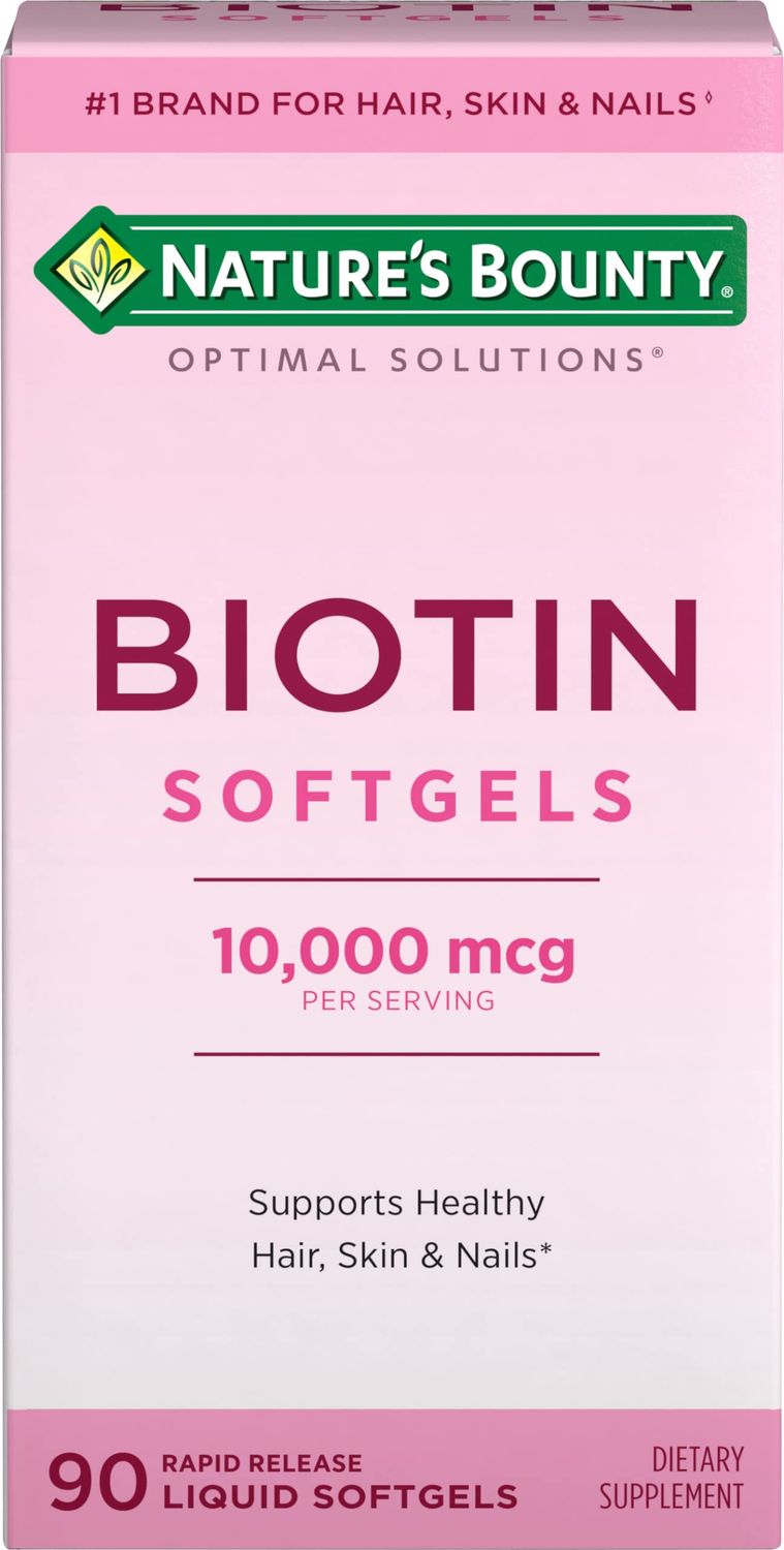 Nature&#39;s Bounty Biotin 10000mcg Supplement, Supports Healthy Hair, Skin and Nails, Optimal Solutions Hair Vitamin with Biotin, 90 Rapid Release Liquid Softgels