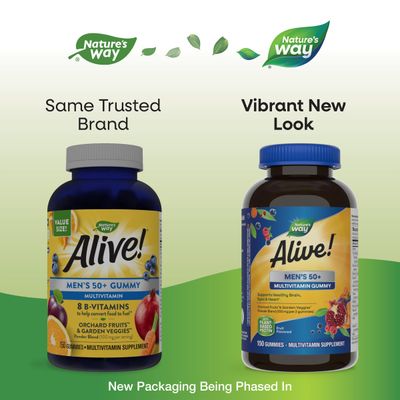 Natures Way Alive! Mens 50+ Daily Gummy Multivitamins, Supports Healthy Brain, Eyes, Heart*, B-Vitamins, Gluten-Free, Vegetarian, Fruit Flavored, 150 Gummies (Packaging May Vary)