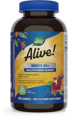 Natures Way Alive! Mens 50+ Daily Gummy Multivitamins, Supports Healthy Brain, Eyes, Heart*, B-Vitamins, Gluten-Free, Vegetarian, Fruit Flavored, 150 Gummies (Packaging May Vary)