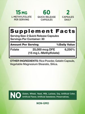 Nature's Truth L Methylfolate 15mg | 60 Capsules | Non-GMO &amp; Gluten Free Supplement | Extra Strength