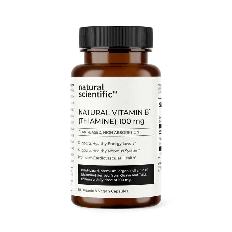 NATURAL SCIENTIFIC Vitamin B1 (Thiamine) Supplement 100mg - from Organic Guava and Tulsi - 30 Day Supply - Plant-Based, Gluten-Free, Vegetarian, Non-GMO - 60 Capsules - Premium Dietary Supplement