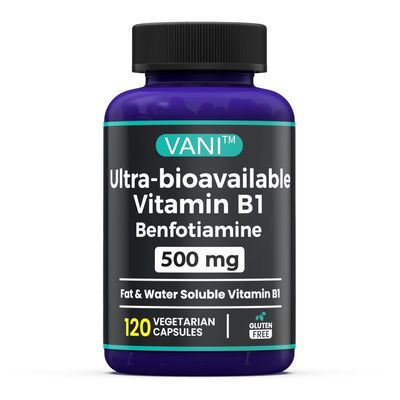 VANI 500MG Benfotiamine with B1, 5X Time Fat &amp; Water Soluble Thiamine B1 Supplement - Third Party Tested, No Gluten (120 Capsules)