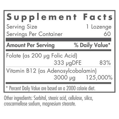 Nutricology B12 Adenosylcobalamin Supplement - with Folic Acid, Vitamin B12 3000 mcg, Folate, Pure B12, Vegetarian Lozenges - 60 Count
