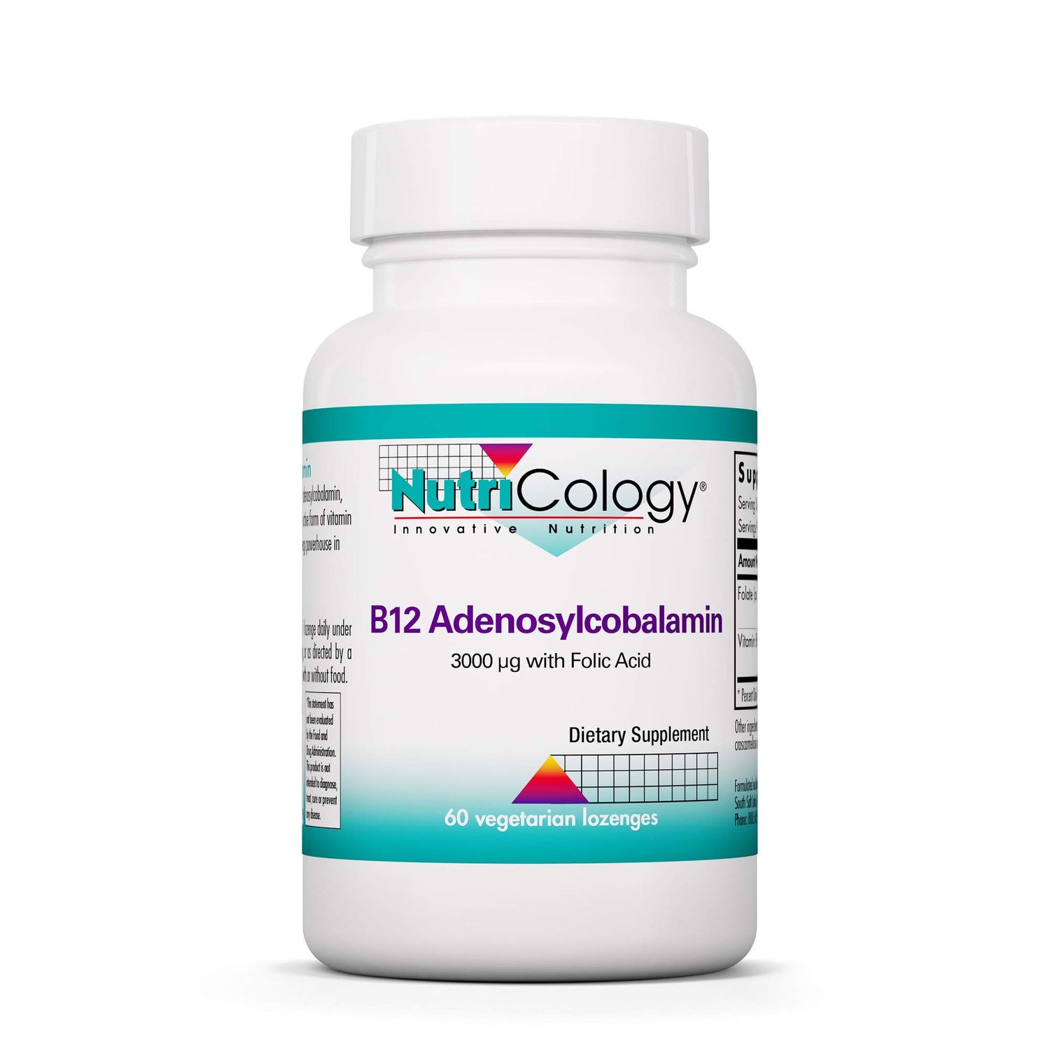 Nutricology B12 Adenosylcobalamin Supplement - with Folic Acid, Vitamin B12 3000 mcg, Folate, Pure B12, Vegetarian Lozenges - 60 Count