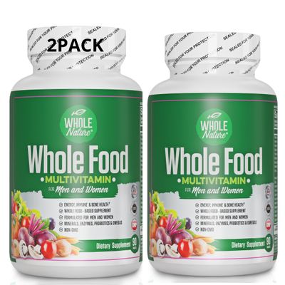 Whole Food Multivitamin for Men and Women (2PACK): Whole Nature Daily Superfood Vitamins Plus Minerals Digestive Enzymes, Probiotics and Omegas. Plant Based Multi Vitamin, Non GMO Gluten Free