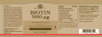 Solgar Biotin 5000 mcg, 100 Veg Caps - Promote Healthy Skin, Nails & Hair - Supports Energy Production, Protein, Carbohydrate & Fat Metabolism - Vitamin B - Non GMO, Vegan, Gluten Free - 100 Servings