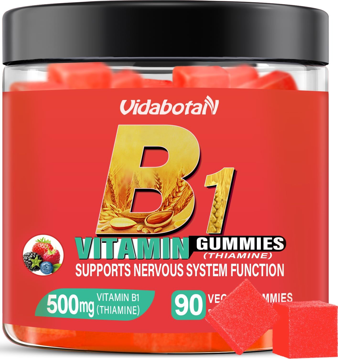 vidabotan Sugar Free Vitamin B1 Gummies 500mg- Thiamine B1 Supplement for Adults &amp; Kids- Natural Mixed Berries Flavor, Vegan, 90 chewable Gummies