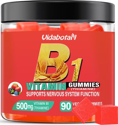vidabotan Sugar Free Vitamin B1 Gummies 500mg- Thiamine B1 Supplement for Adults &amp; Kids- Natural Mixed Berries Flavor, Vegan, 90 chewable Gummies