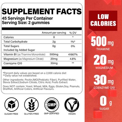 vidabotan Sugar Free Vitamin B1 Gummies 500mg- Thiamine B1 Supplement for Adults & Kids- Natural Mixed Berries Flavor, Vegan, 90 chewable Gummies
