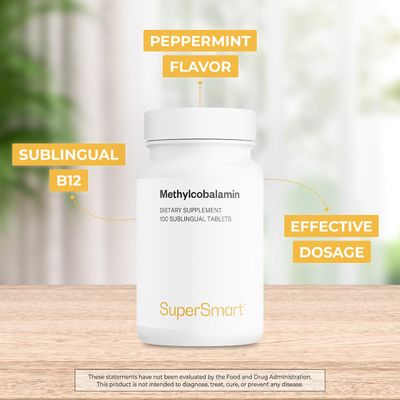 Supersmart - Methylcobalamine B12 1000mcg / 1mg per Day (Effective Dosage) - Sublingual Methylcobalamine - Peppermint Flavor - Vitamin B12 Supplement | Non-GMO &amp; Gluten Free - 100 Sublingual Tablets