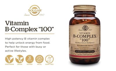 Solgar B-Complex 100, 250 Vegetable Capsules - Heart Health - Nervous System- Supports Energy Metabolism - Non-GMO, Vegan, Gluten / Dairy Free, Kosher, Halal - 250 Servings