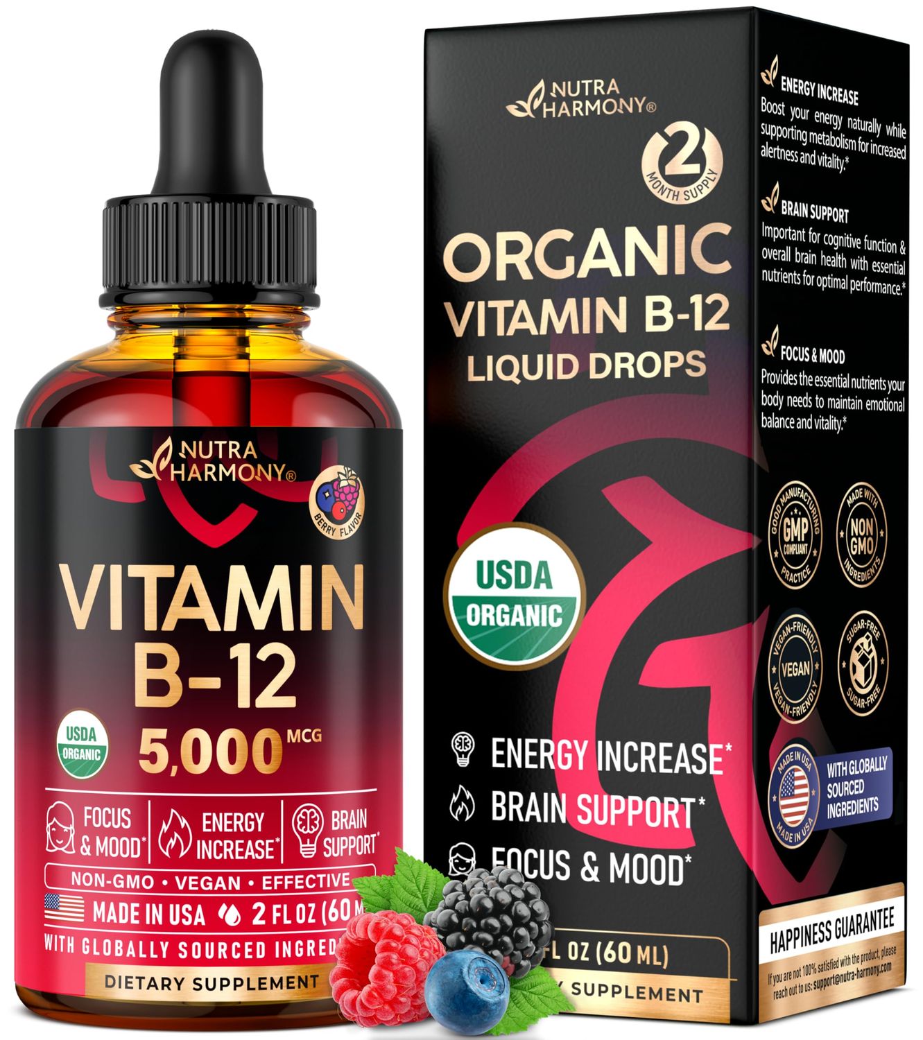 USDA Organic Vitamin B12 Sublingual Drops - 5000 mcg Liquid Vegan Methylcobalamin for Women &amp; Men - Energy Boost, Focus &amp; Mood, Brain Health Support - Maximize Absorption - 2 Month Supply, 2 fl oz