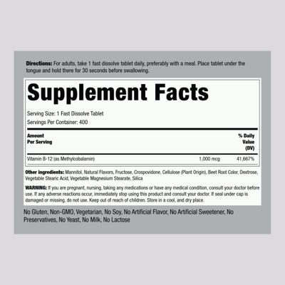 Piping Rock Vitamin B12 Sublingual | 1000 mcg | 400 Fast Dissolve Tablets | Methylcobalamin Supplement | Vegetarian, Non-GMO, Gluten Free