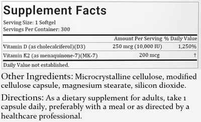 Vitalboost d3 k2, 2-in-1 Vitamin D3 K2 Supplement Softgel, D3 K2 Vitamin 10000 IU, 10000 IU VIT D3 + 200 MCG Vitamin K2, Free of GMO, Gluten, Soy, Bone Health, Supports Calcium Absorption, 300 Gels