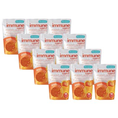 Restorz Immune Support Gummies with Vitamin C &amp; Rose Hip Extract (144 Total Gummies, 12-Pack, 12 Per Pouch) - Wellness Chews with Antioxidants/Fresh Soft Tasty Chewables/Vegan &amp; Gluten Free