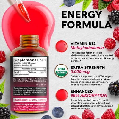 USDA Organic Vitamin B12 Sublingual Drops - 5000 mcg Liquid Vegan Methylcobalamin for Women &amp; Men - Energy Boost, Focus &amp; Mood, Brain Health Support - Maximize Absorption - 2 Month Supply, 2 fl oz