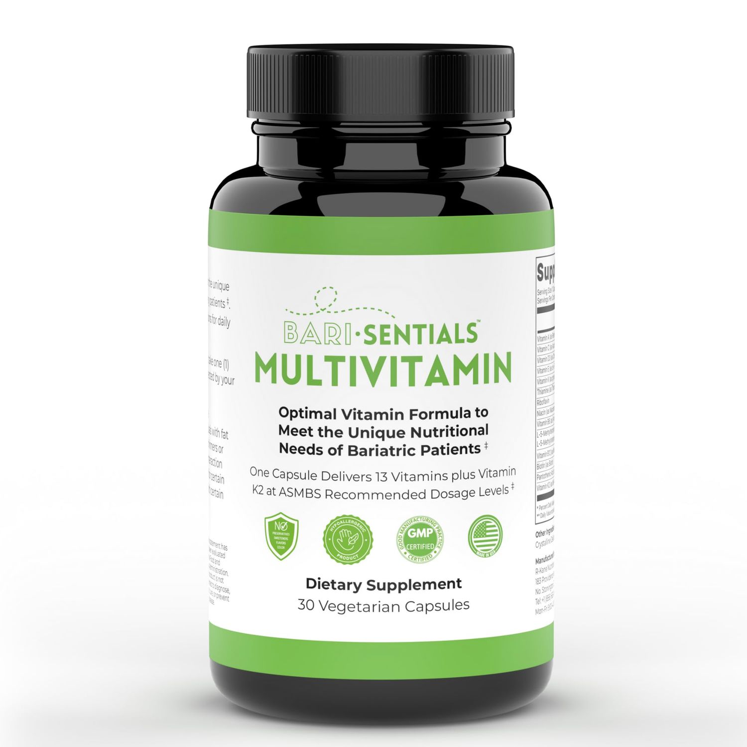 R-Kane Barisentials Bariatric Multivitamins Supplement- Post Bariatric Support for Gastric Bypass, Sleeve Gastroectomy, DS- Essential Daily Nutrition- 30 Vegetarian Capsules