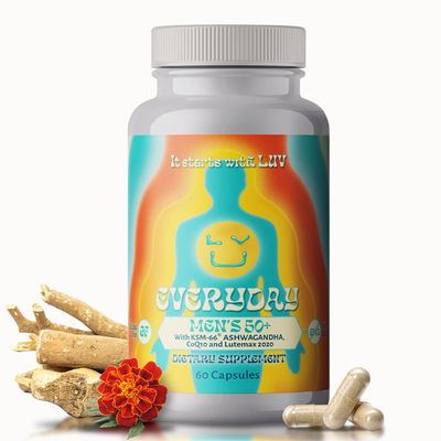 LUV Everyday Mens 50+ Multivitamin - Adult Formula Daily Nutritional Support with Iron, Calcium, KSM-66 Ashwaganda, CoQ10, Lycopene, and Lutemax 2020- Vegetarian Gluten-Free &amp; Non-GMO - 60 Capsules