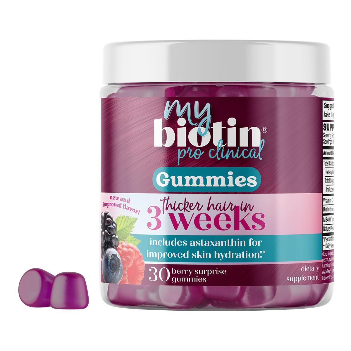 Purity Products MyBiotin ProClinical Gummies - Thicker Hair Starting in 3 Weeks &amp; Fights Wrinkles - MB40X Biotin Matrix w/Astaxanthin - 40X More Soluble vs Ordinary Biotin 30 Berry Gummy Chews