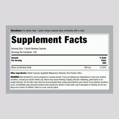 Piping Rock Niacin 500mg | 120 Capsules | with Flushing | Non-GMO and Gluten Free Supplement
