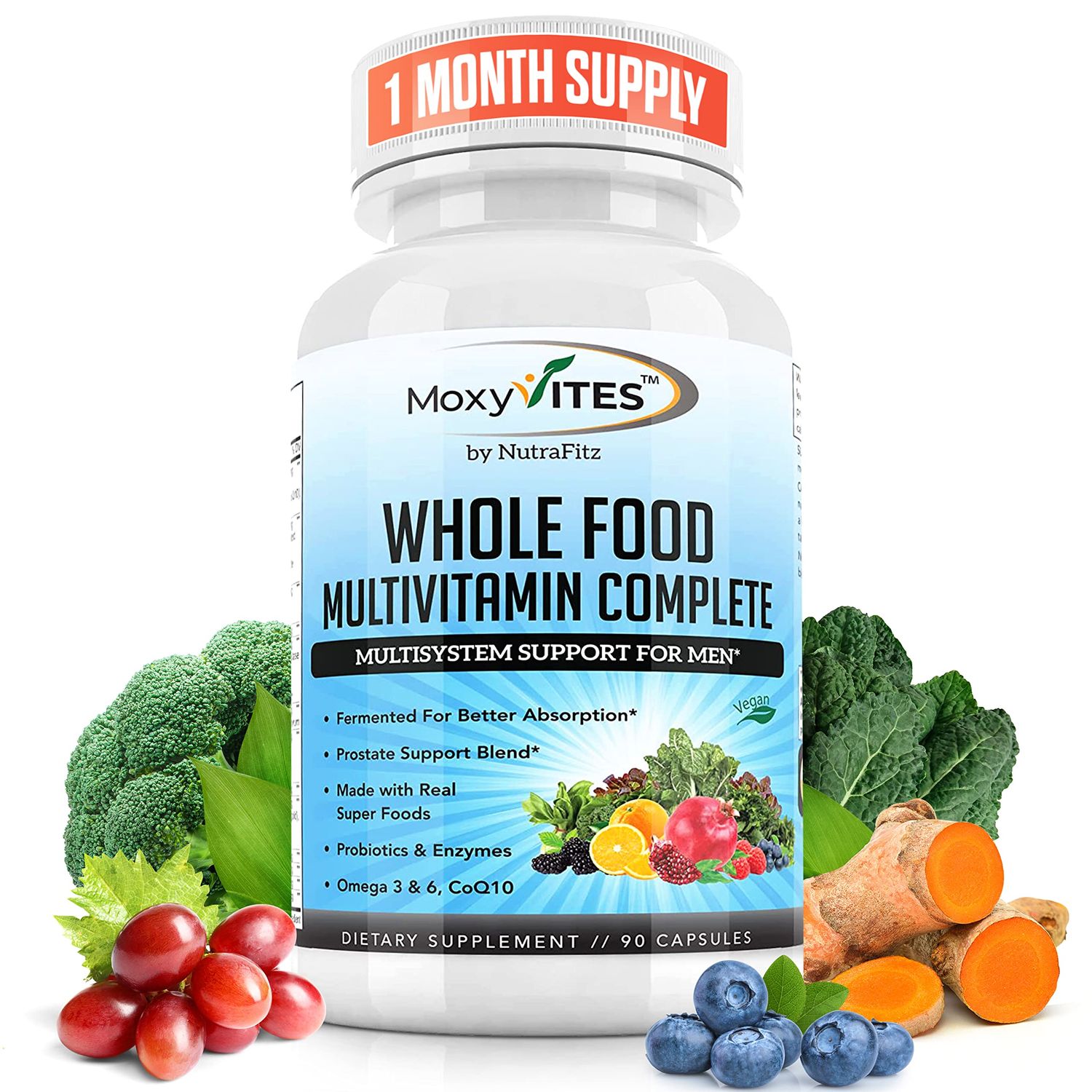 MoxyVites Mens Multivitamins - Daily Mens Vitamins with 44 Organic Whole Food - Multivitamin for Men with Iron &amp; Fermented Nutrients - Vegan Daily Vitamin for Men with B-Complex, Probiotics, Omegas