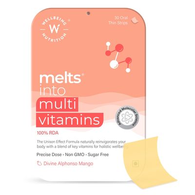 WELLBEING NUTRITION Melts Complete Plant Based Multivitamin with 100% RDA of Vitamin A, Vitamin B-Complex, Vitamin C, D3 + K2, Ashwagandha for Immunity, Heart, Energy (30 Oral Strips)
