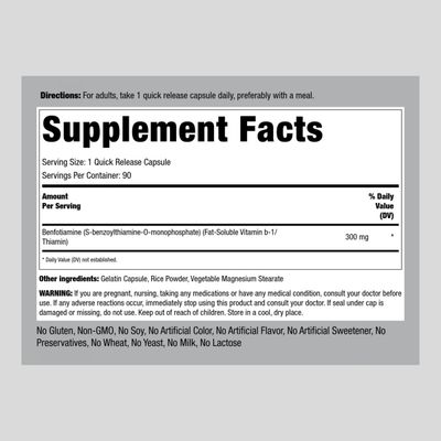 Piping Rock Benfotiamine 300mg | 90 Capsules | Fat Soluble Vitamin B1 | Non-GMO, Gluten Free Supplement