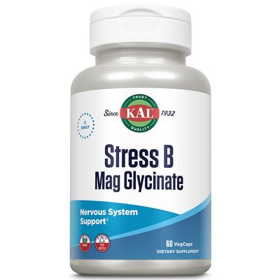 KAL Stress B Mag Glycinate, B Complex Vitamins Plus Magnesium, Active Forms Coenzyme Vitamin B-6, Methylcobalamin, and Folate from 5-MTHF, Healthy Mood &amp; Relaxation Support, 30 Servings, 60 VegCaps