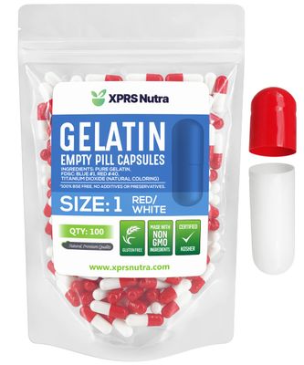 XPRS Nutra Size 1 Empty Capsules - 100 Count Empty Gelatin Capsules - Empty Pill Capsules - DIY Capsule Filling - Pure Bovine Pill Capsules Empty Gel Caps (Red/White)