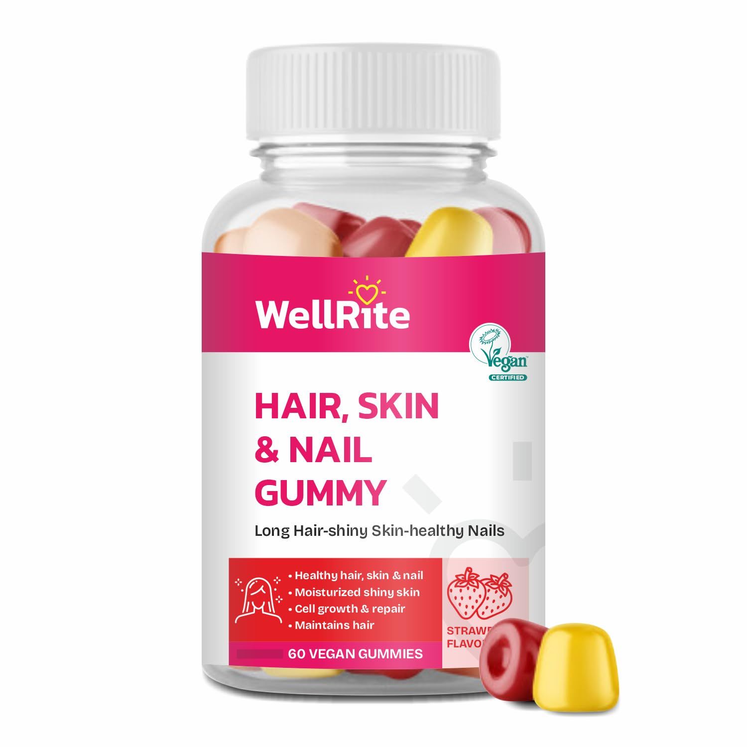 Wellrite Hair, Skin &amp; Nail Gummy Vitamins, 60 Count, Strawberry Flavored, Vegan, Gelatin Free, Gluten Free, Nut Free, Long Hair, Shiny Skin, Healthy Nails, Cell Growth &amp; Repair
