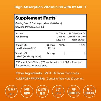 Kids Vitamin D 3 K2 Drops | Vitamin D3 &amp; K2 MK-7 | Liquid Vitamin D for Kids 1000 IU | Healthy Bones, Heart &amp; Immune System | Sugar Free Supplement for Toddlers | Non-GMO | Unflavored | 300 Servings