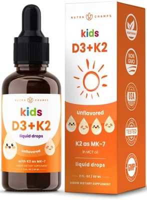 Kids Vitamin D 3 K2 Drops | Vitamin D3 &amp; K2 MK-7 | Liquid Vitamin D for Kids 1000 IU | Healthy Bones, Heart &amp; Immune System | Sugar Free Supplement for Toddlers | Non-GMO | Unflavored | 300 Servings