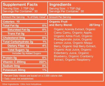 Live Ultimate Ultimate C 30 Day Pouch Organic Whole Food Vitamin C Powder, 13 Superberries &amp; Superfruits, Non-GMO, Vegan, Gluten-Free