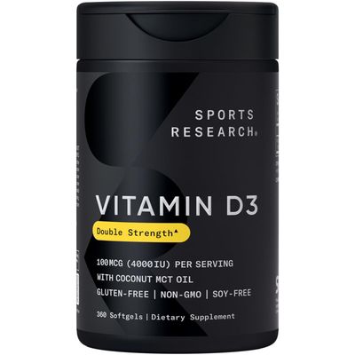 Sports Research Vitamin D3 4000 IU with Coconut MCT Oil - Double Strength Vitamin D Supplement - Non-GMO Verified, Gluten &amp; Soy Free - 100mcg, 360 Liquid Softgels