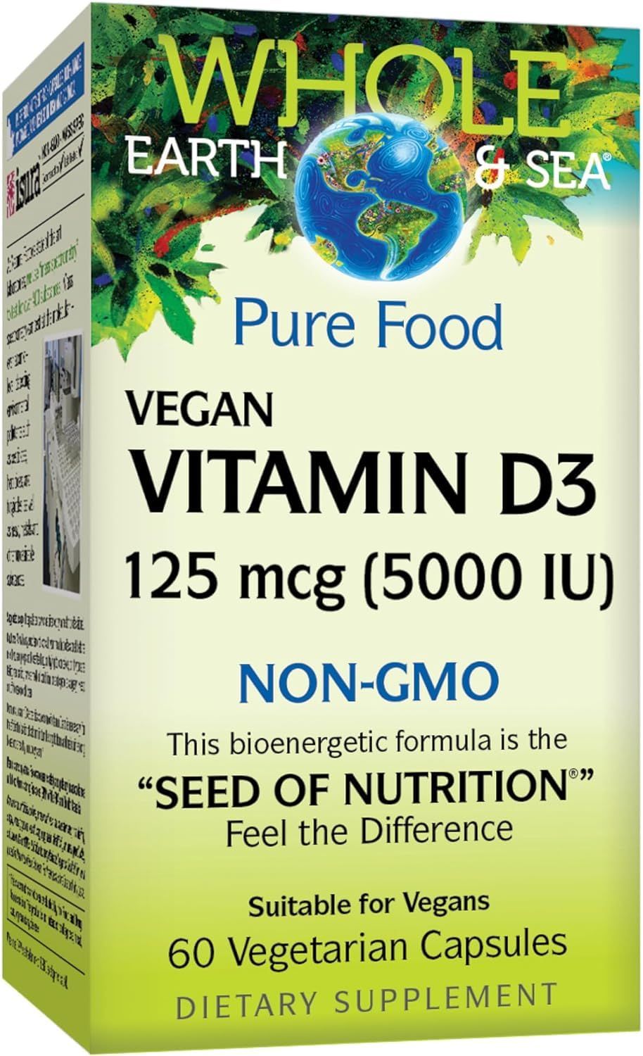 Natural Factors Whole Earth &amp; Sea Vitamin D3 125mcg (5,000 IU), Vegan Bioenhanced, 60 Vegetarian Capsules