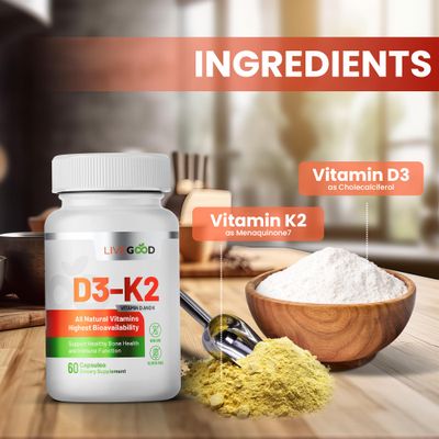 LIVEGOOD Vitamin D3 + K2 All Natural Bone, Muscle &amp; Immune System Support, Vegan &amp; Non-GMO, 60 Capsules