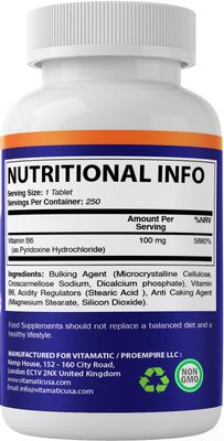 Vitamatic Vitamin B6 (Pyridoxine HCI), 100mg 250 Vegetarian Tablets - Promotes Energy Production, boosts Metabolism and Immune Health Support