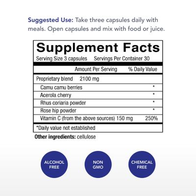 Physician's Strength Power-C - 90 Capsules - Raw Food Vitamin C + Flavonoids from Camu Camu, Acerola Cherry, Rhus coriaria & Rose Hip - Kosher - 30 Servings