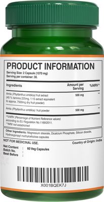 Pure Nutrition Amla Extract 1000mg per Serving. (Equivalent to 8000mg Amla Fruit Powder) Non GMO | 60 Veg Capsules