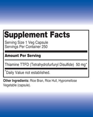 The One Pill Integrative Healing Vitamine B1 Thiamine TTFD, Thiamine Tetrahydrofurfuryl Disulfide, 50mg-250Capsules,Vegan,Non GMO,No Artificial fillers or sterate additives.