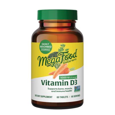 MegaFood Vitamin D3 1000 IU (25 mcg) - Immune Support Supplement - Bone Health - With easily-absorbed Vitamin D3 - Plus real food - Non-GMO, Vegetarian - Made Without 9 Food Allergens - 60 Tabs