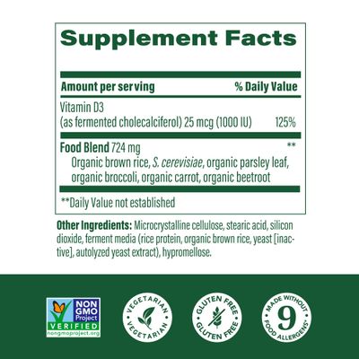 MegaFood Vitamin D3 1000 IU (25 mcg) - Immune Support Supplement - Bone Health - With easily-absorbed Vitamin D3 - Plus real food - Non-GMO, Vegetarian - Made Without 9 Food Allergens - 60 Tabs
