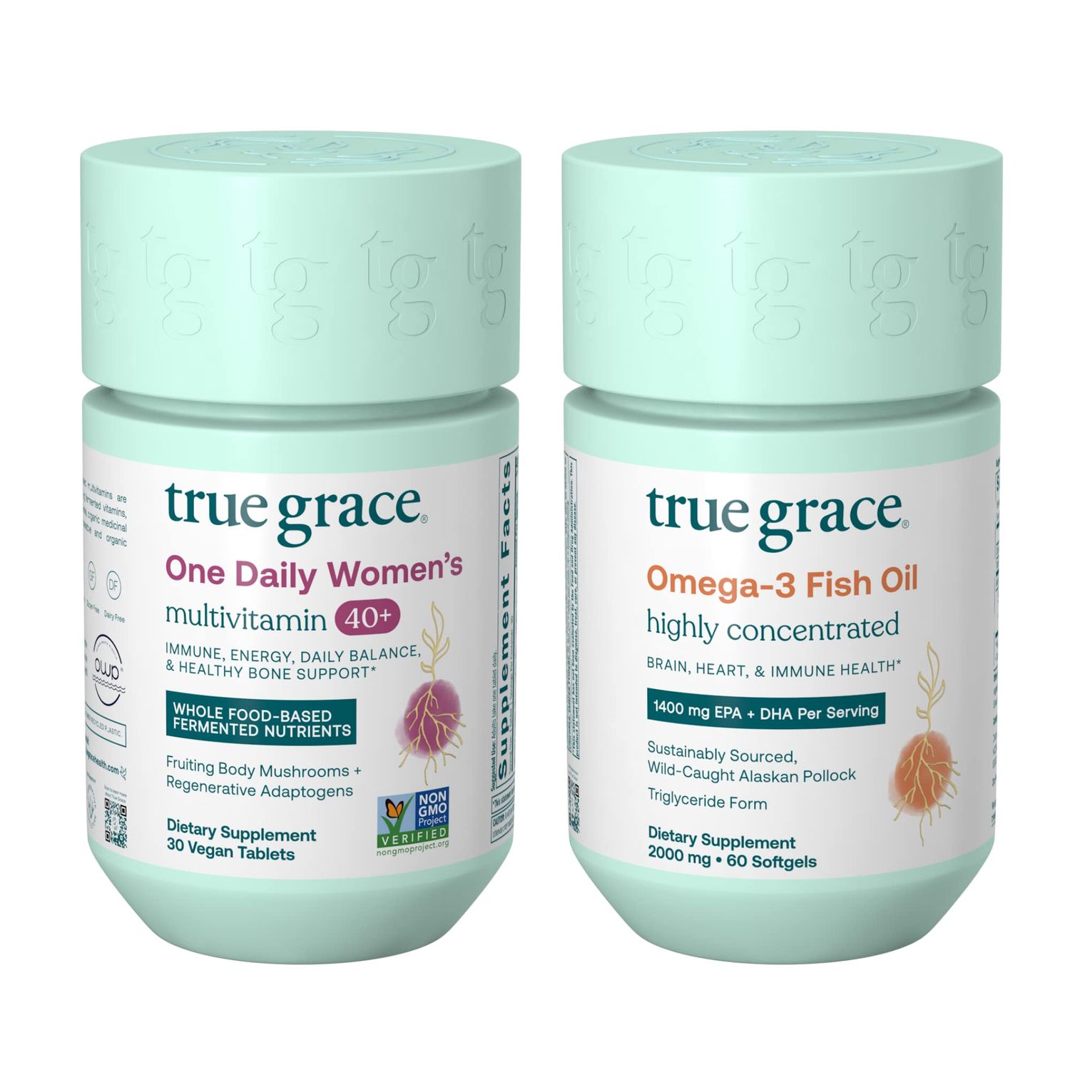 True Grace One Daily Womens Multivitamin 40+ (30 Vegan Tablets) &amp; Omega-3 Fish Oil (60 Softgels) - Gluten Free, Soy Free, Organic - 30-Day Supply of Each