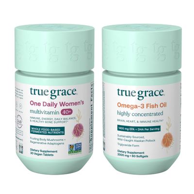 True Grace One Daily Womens Multivitamin 40+ (30 Vegan Tablets) &amp; Omega-3 Fish Oil (60 Softgels) - Gluten Free, Soy Free, Organic - 30-Day Supply of Each