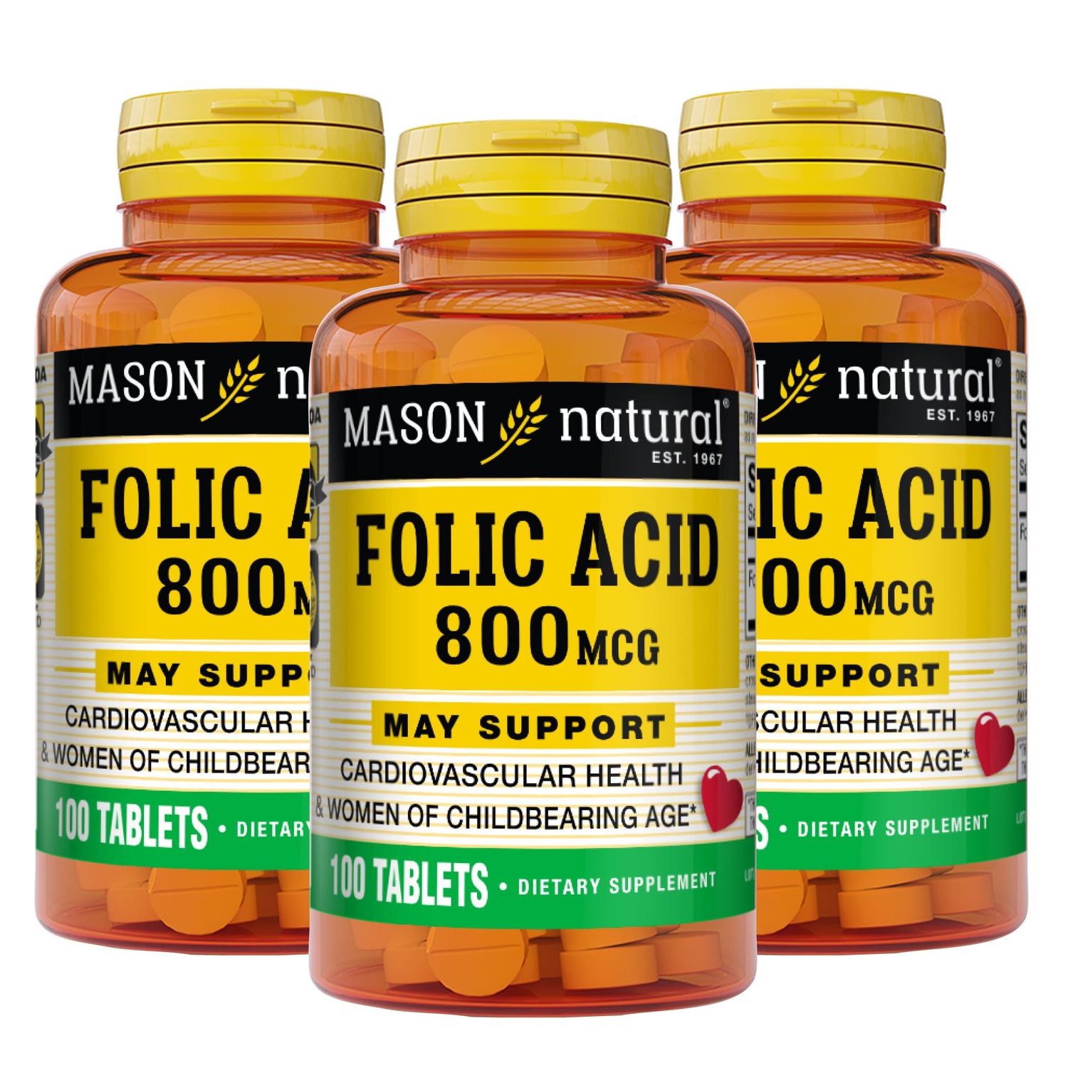 MASON NATURAL Folic Acid 800 mcg - Helps Nervous System Function, Daily Supplement for Health, Mood and Prenatal Care, for Women of Childbearing Age, 100 Tablets (Pack of 3)