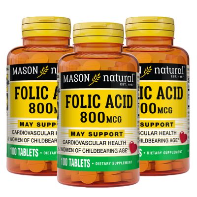 MASON NATURAL Folic Acid 800 mcg - Helps Nervous System Function, Daily Supplement for Health, Mood and Prenatal Care, for Women of Childbearing Age, 100 Tablets (Pack of 3)